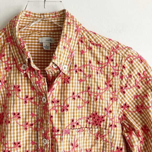 Odille Tops - Anthropologie Odille 4 Eyelet Gingham Blouse Button Front Long Sleeve Orange Red